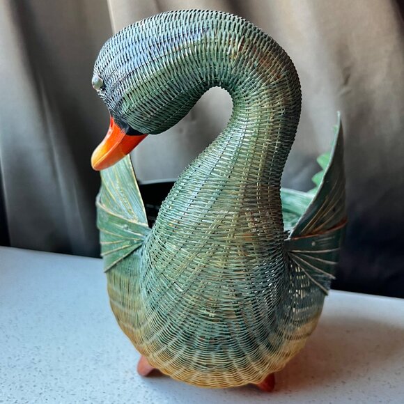 Handcrafted Woven Duck Basket Green & Orange Decorative Storage Piece Natural - Picture 2 of 10